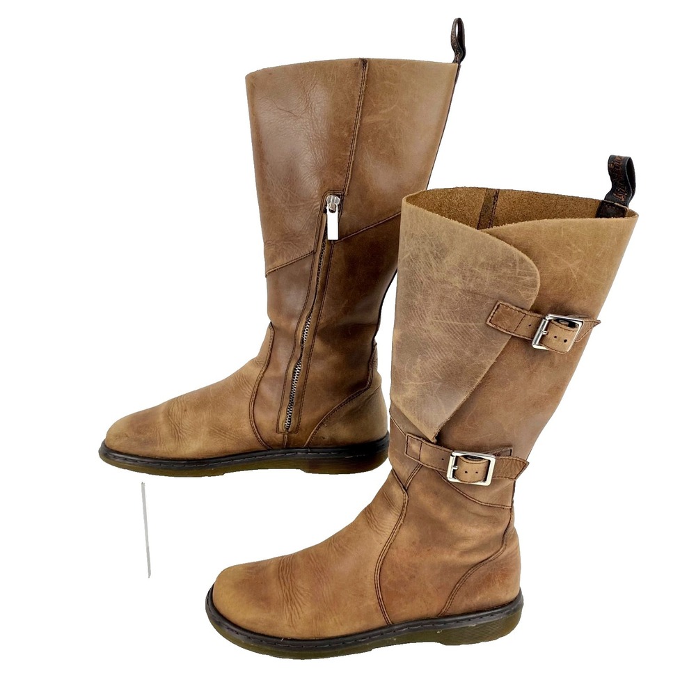 Dr Martens Caite Riding Boots Womens 8 Knee High Brown Nubuck Leather Buckles